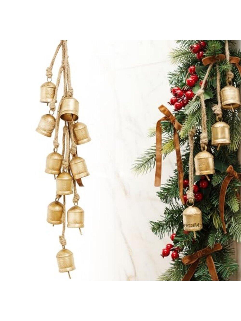 Rustic Iron Christmas Bell Ornaments with Velvet Bows Set of 10